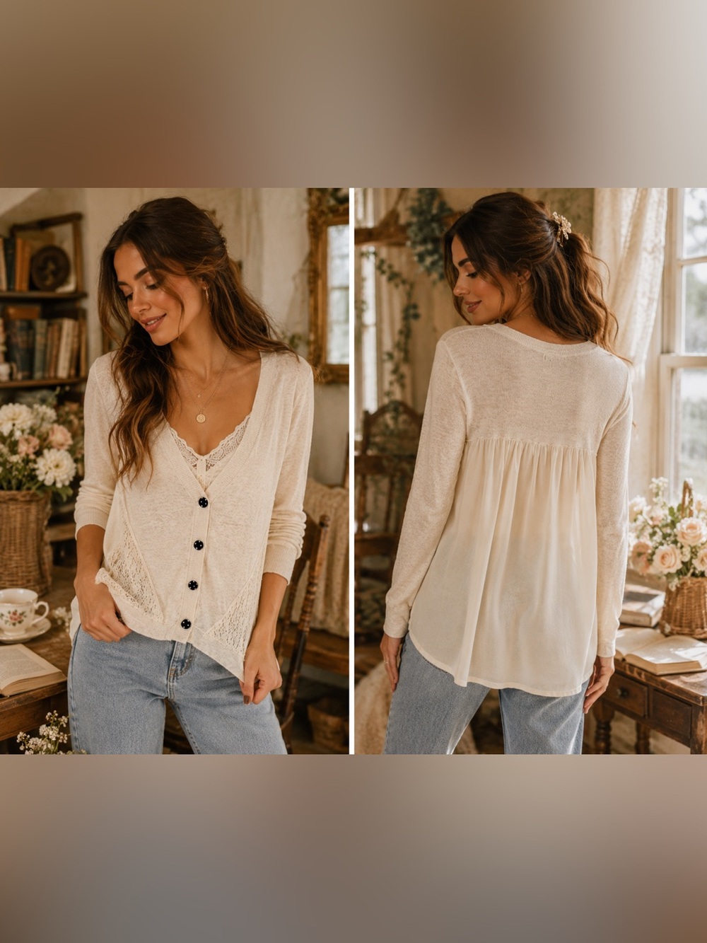 Cardigan Cream Lace Sheer Polka Dot Button Boho Romantic Lightweight Sweater, M